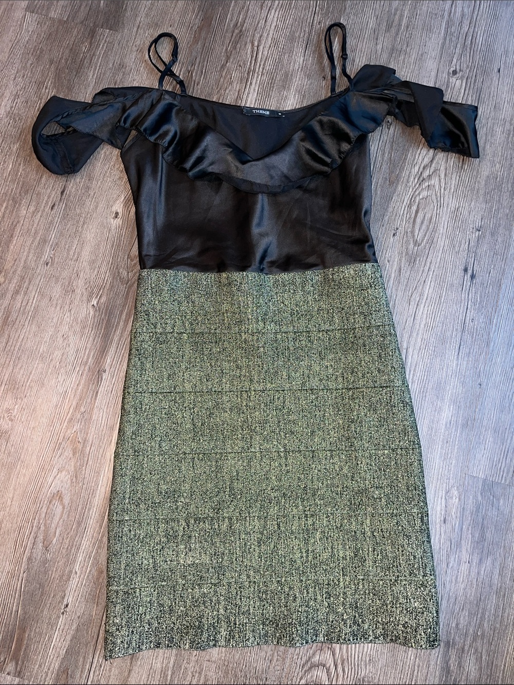 THEME Black Satin Bodice with Olive Bandage Mini Dress